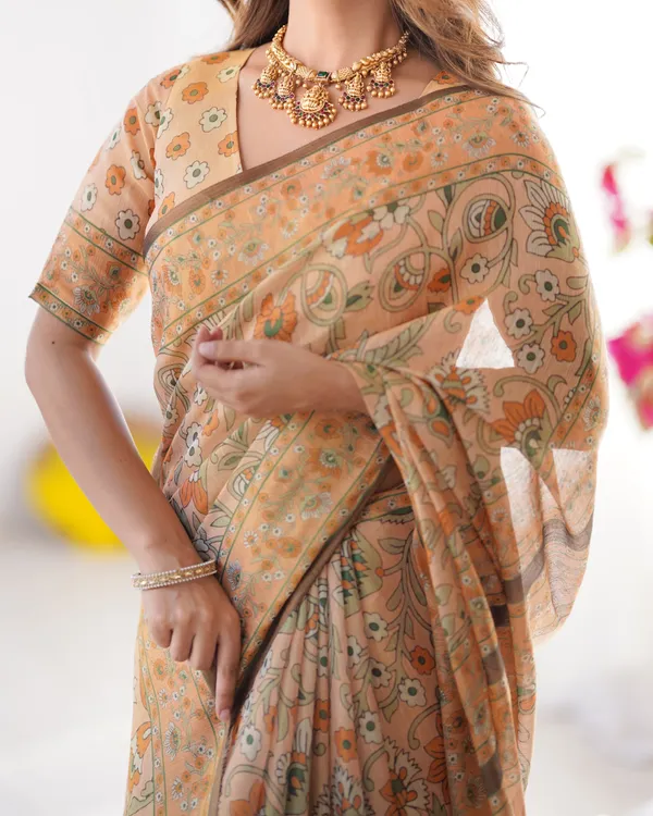 Peach_Orange_Pure_Linen_Cotton_Handloom_Saree_with_Floral_Vine_Print_and_Elegant_Pallu_Artwork