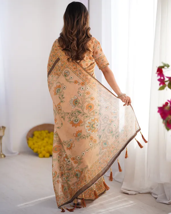 Peach_Orange_Pure_Linen_Cotton_Handloom_Saree_with_Floral_Vine_Print_and_Elegant_Pallu_Artwork