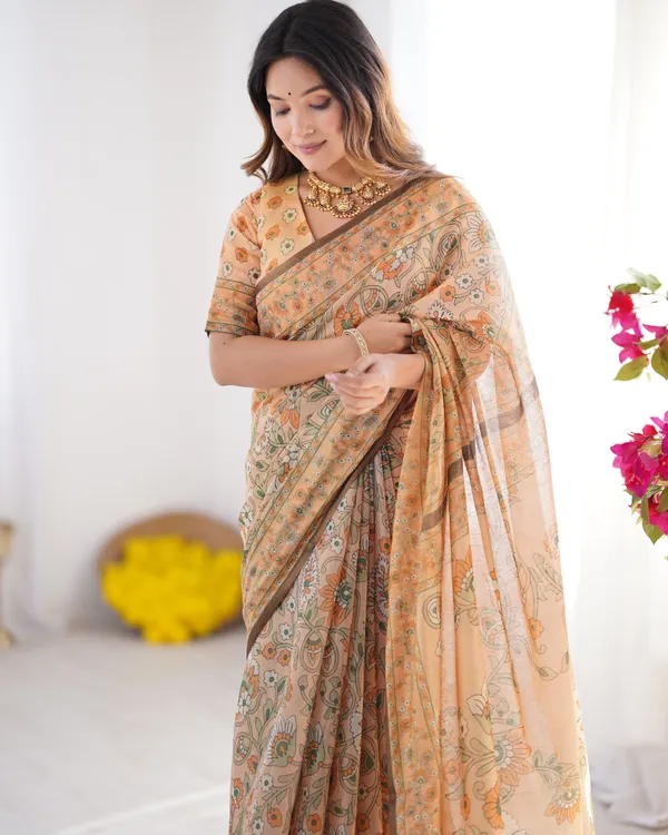 Peach_Orange_Pure_Linen_Cotton_Handloom_Saree_with_Floral_Vine_Print_and_Elegant_Pallu_Artwork
