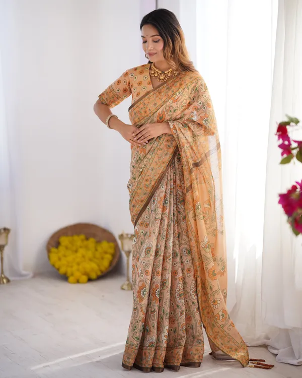 Peach_Orange_Pure_Linen_Cotton_Handloom_Saree_with_Floral_Vine_Print_and_Elegant_Pallu_Artwork
