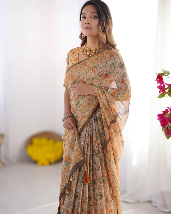 Peach_Orange_Pure_Linen_Cotton_Handloom_Saree_with_Floral_Vine_Print_and_Elegant_Pallu_Artwork
