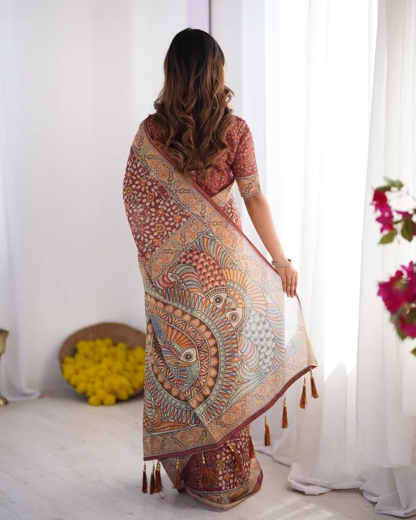 Maroon_Pure_Linen_Cotton_Handloom_Saree_with_Floral_Buti_Print_and_Madhubani_Fish_Art_Pallu