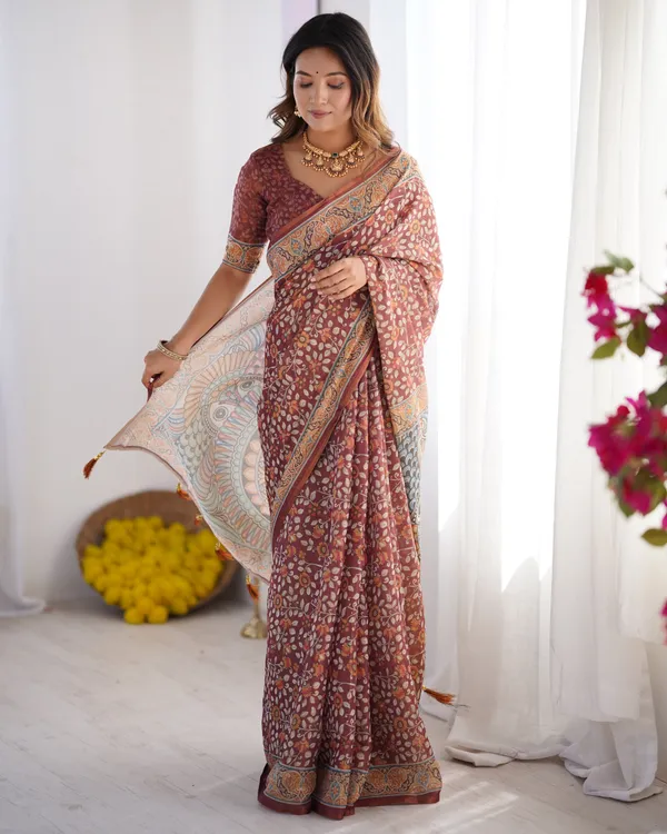 Maroon_Pure_Linen_Cotton_Handloom_Saree_with_Floral_Buti_Print_and_Madhubani_Fish_Art_Pallu