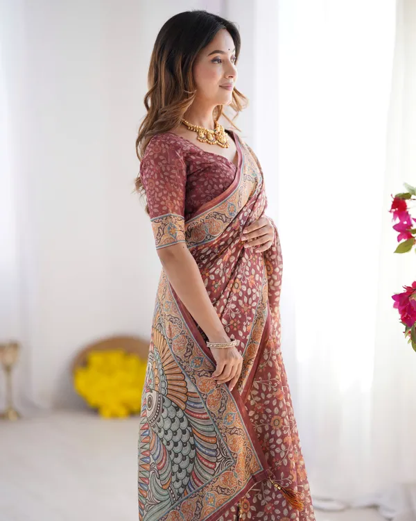 Maroon_Pure_Linen_Cotton_Handloom_Saree_with_Floral_Buti_Print_and_Madhubani_Fish_Art_Pallu
