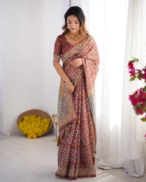 Maroon_Pure_Linen_Cotton_Handloom_Saree_with_Floral_Buti_Print_and_Madhubani_Fish_Art_Pallu