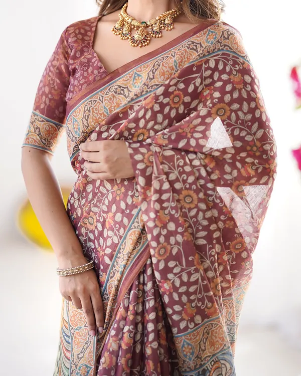 Maroon_Pure_Linen_Cotton_Handloom_Saree_with_Floral_Buti_Print_and_Madhubani_Fish_Art_Pallu