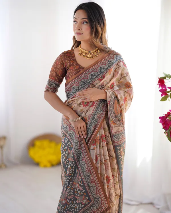 Handloom_Linen_Cotton_Printed_Saree_with_Traditional_Mithila_Art_Pallu_–_Earthy_Beige_&_Maroon