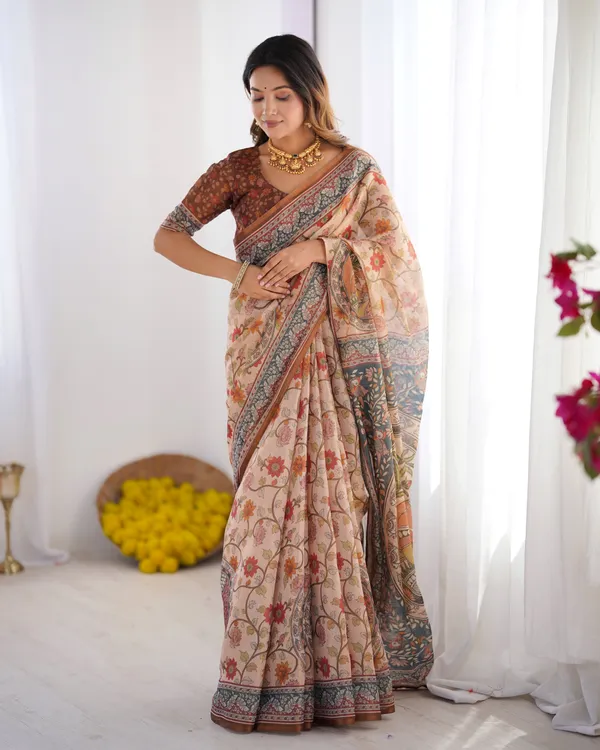 Handloom_Linen_Cotton_Printed_Saree_with_Traditional_Mithila_Art_Pallu_–_Earthy_Beige_&_Maroon