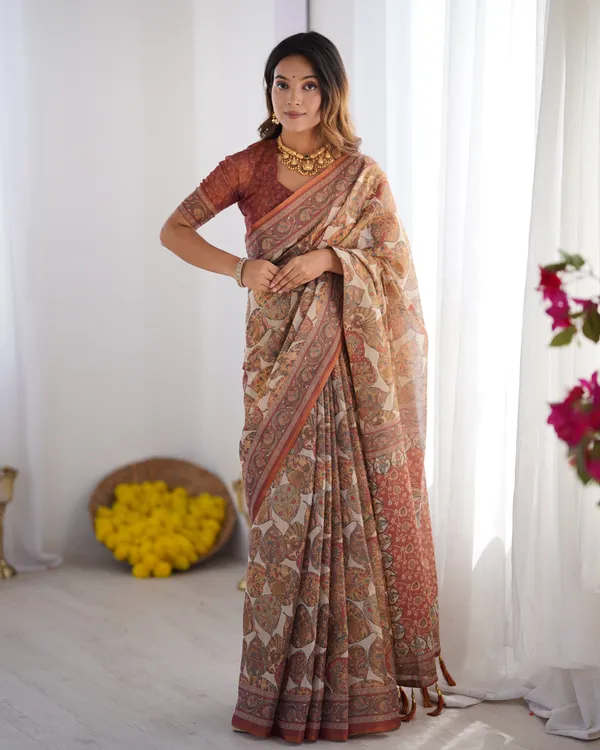 Handloom_Linen_Cotton_Printed_Saree_with_Traditional_Mithila_Art_Pallu_–_Earthy_Beige_&_Maroon