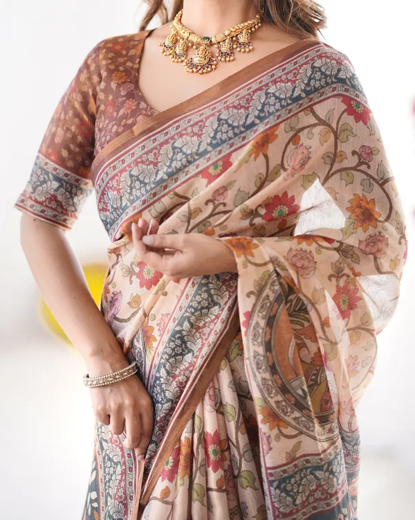 Handloom_Linen_Cotton_Printed_Saree_with_Traditional_Mithila_Art_Pallu_–_Earthy_Beige_&_Maroon