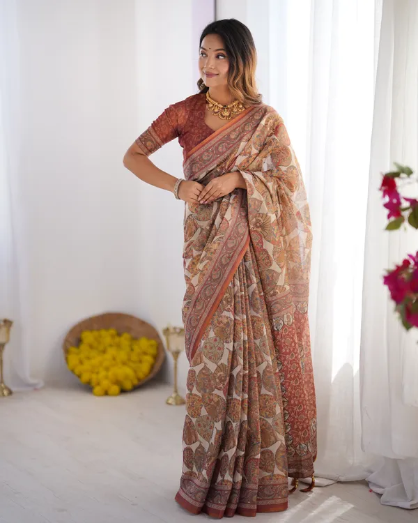 Handloom_Linen_Cotton_Printed_Saree_with_Traditional_Mithila_Art_Pallu_–_Earthy_Beige_&_Maroon