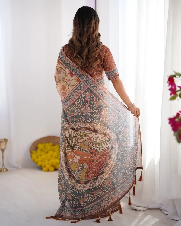 Handloom_Linen_Cotton_Printed_Saree_with_Traditional_Mithila_Art_Pallu_–_Earthy_Beige_&_Maroon