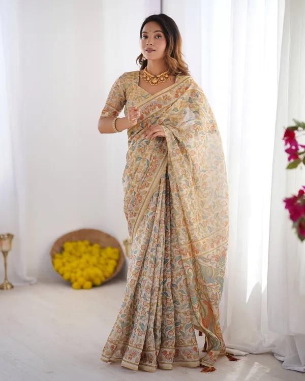 Handloom_Linen_Cotton_Printed_Saree_with_Mythical_Animal_Art_Pallu_–_Soft_Cream_with_Terracotta_&_Teal_Accents