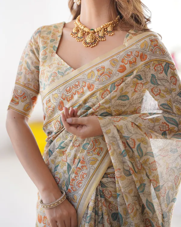 Handloom_Linen_Cotton_Printed_Saree_with_Mythical_Animal_Art_Pallu_–_Soft_Cream_with_Terracotta_&_Teal_Accents