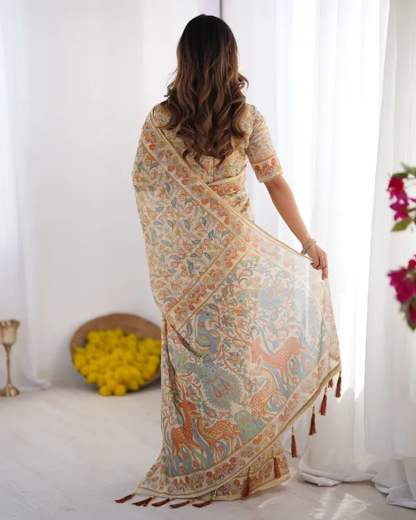 Handloom_Linen_Cotton_Printed_Saree_with_Mythical_Animal_Art_Pallu_–_Soft_Cream_with_Terracotta_&_Teal_Accents