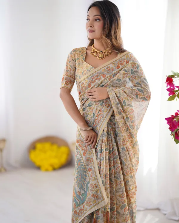 Handloom_Linen_Cotton_Printed_Saree_with_Mythical_Animal_Art_Pallu_–_Soft_Cream_with_Terracotta_&_Teal_Accents