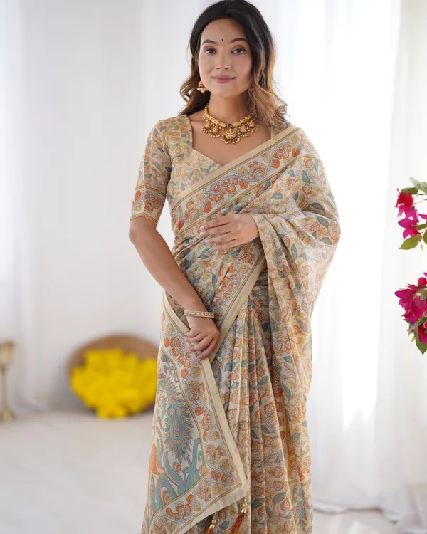 Handloom_Linen_Cotton_Printed_Saree_with_Mythical_Animal_Art_Pallu_–_Soft_Cream_with_Terracotta_&_Teal_Accents