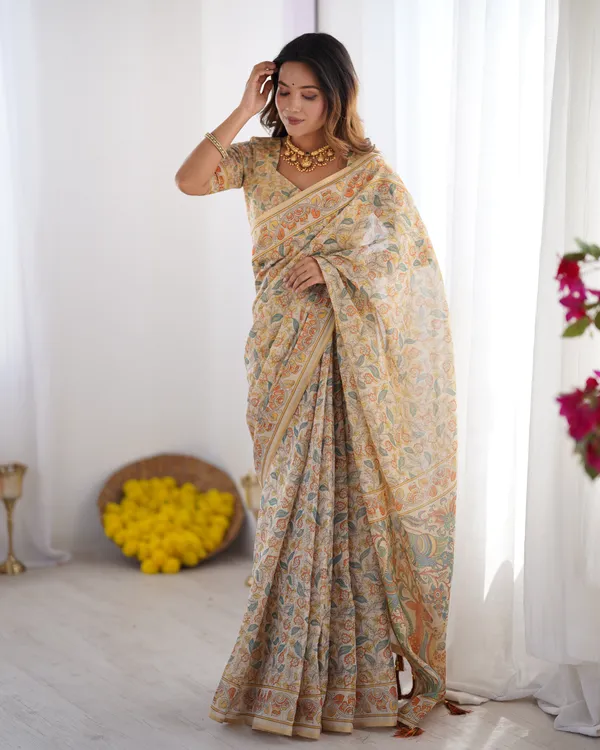 Handloom_Linen_Cotton_Printed_Saree_with_Mythical_Animal_Art_Pallu_–_Soft_Cream_with_Terracotta_&_Teal_Accents