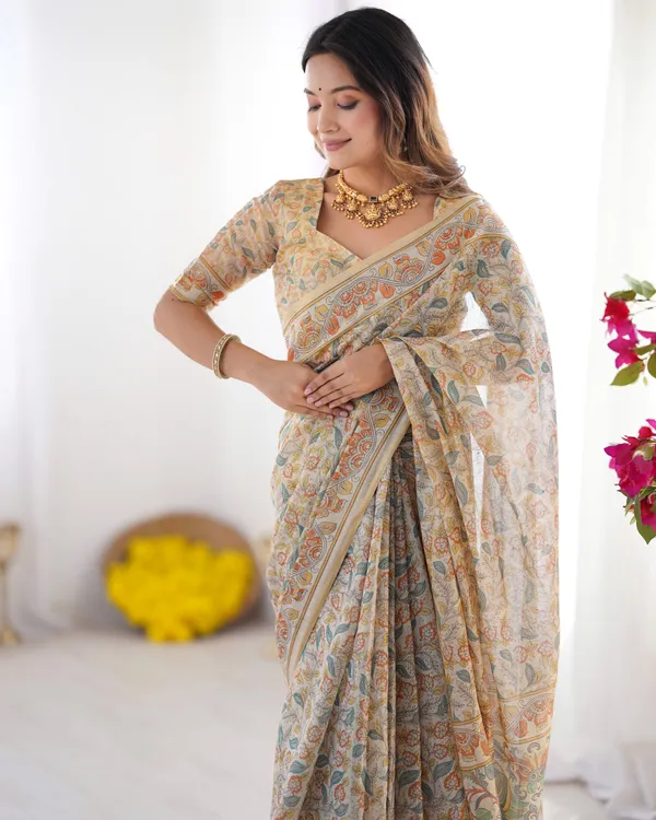 Handloom_Linen_Cotton_Printed_Saree_with_Mythical_Animal_Art_Pallu_–_Soft_Cream_with_Terracotta_&_Teal_Accents