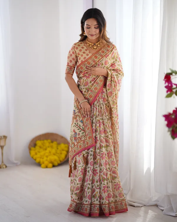 Cream_Pink_Handloom_Linen_Cotton_Printed_Saree_with_Folk_Art_Bird_Motif_Pallu