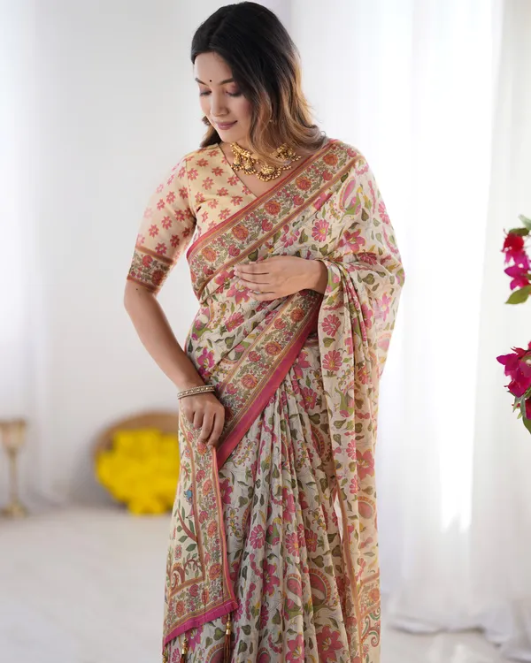 Cream_Pink_Handloom_Linen_Cotton_Printed_Saree_with_Folk_Art_Bird_Motif_Pallu