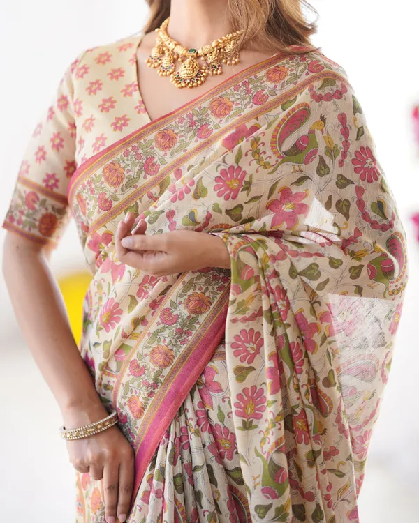 Cream_Pink_Handloom_Linen_Cotton_Printed_Saree_with_Folk_Art_Bird_Motif_Pallu