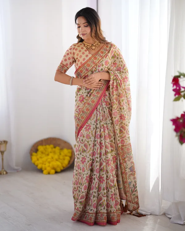 Cream_Pink_Handloom_Linen_Cotton_Printed_Saree_with_Folk_Art_Bird_Motif_Pallu