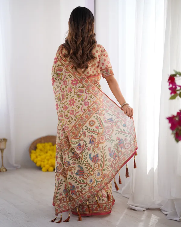 Cream_Pink_Handloom_Linen_Cotton_Printed_Saree_with_Folk_Art_Bird_Motif_Pallu