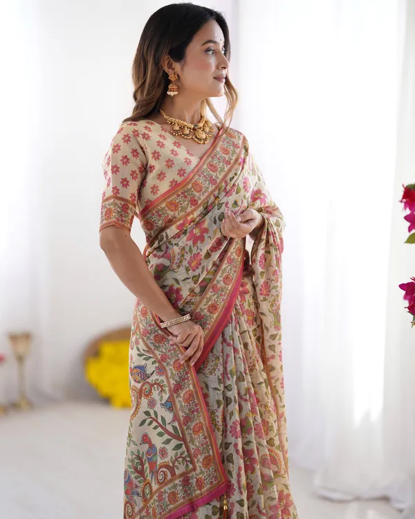 Cream_Pink_Handloom_Linen_Cotton_Printed_Saree_with_Folk_Art_Bird_Motif_Pallu