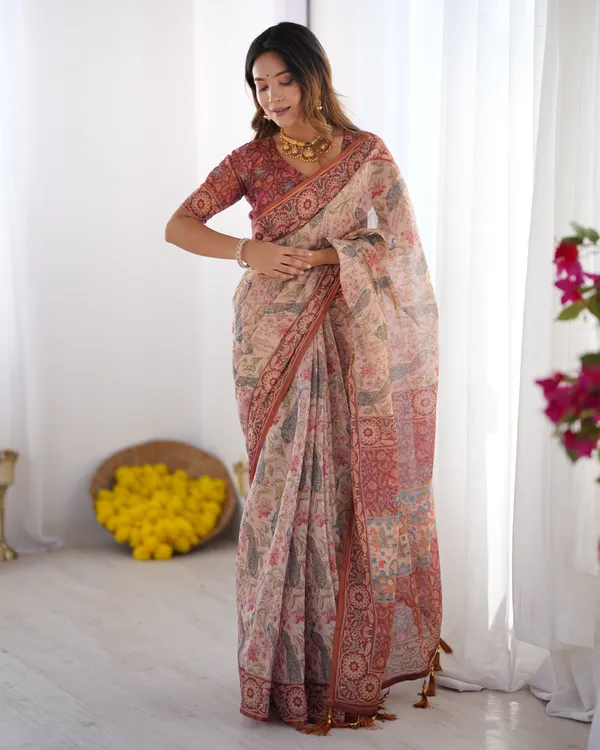 Blush_Cream_Handloom_Linen_Cotton_Saree_with_Artistic_Bird_Motif_Pallu
