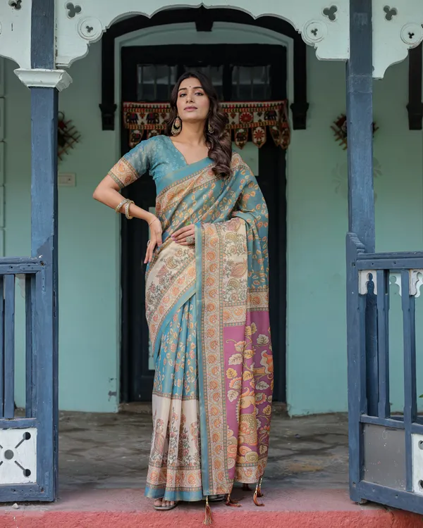Turquoise_Blue_Peach_Cotton_Handloom_Floral_Pallu_Saree_For_Women
