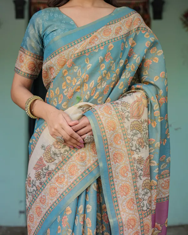 Turquoise_Blue_Peach_Cotton_Handloom_Floral_Pallu_Saree_For_Women