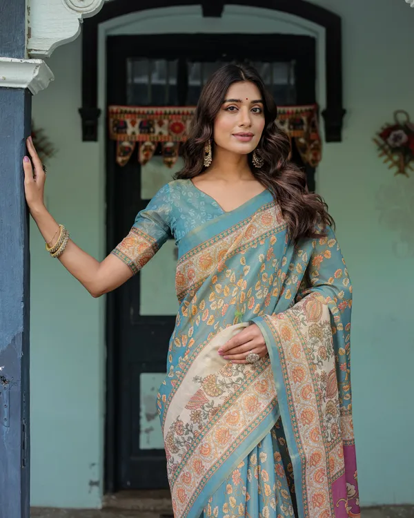 Turquoise_Blue_Peach_Cotton_Handloom_Floral_Pallu_Saree_For_Women