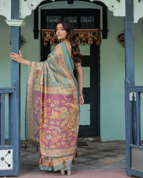 Turquoise_Blue_Peach_Cotton_Handloom_Floral_Pallu_Saree_For_Women