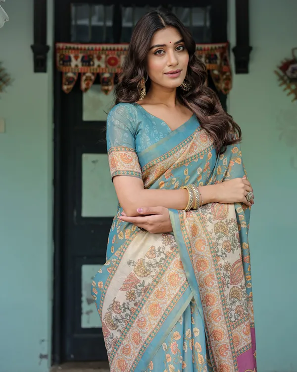 Turquoise_Blue_Peach_Cotton_Handloom_Floral_Pallu_Saree_For_Women