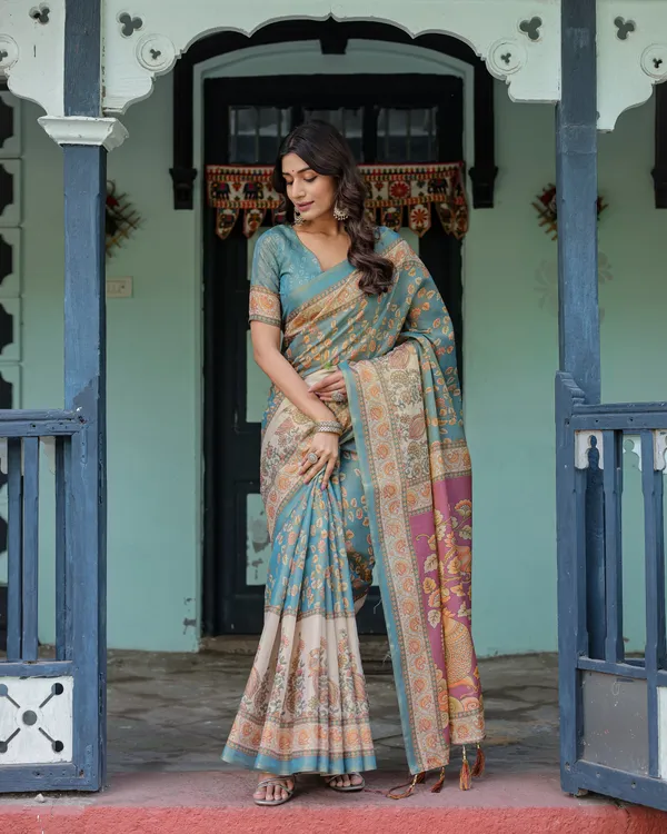 Turquoise_Blue_Peach_Cotton_Handloom_Floral_Pallu_Saree_For_Women