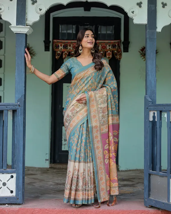 Turquoise_Blue_Peach_Cotton_Handloom_Floral_Pallu_Saree_For_Women