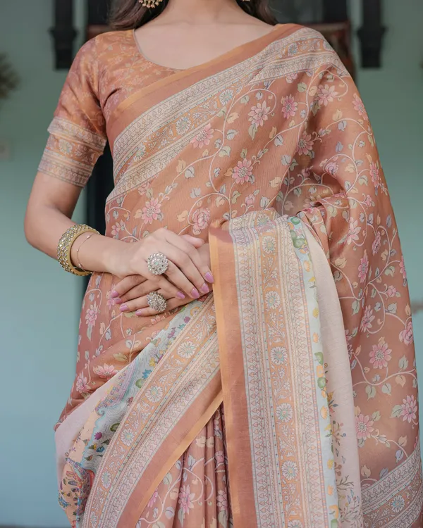 Burnt_Peach_Handloom_Cotton_Saree_with_Floral_Buta_Design_&_Village_Scene_Pallu