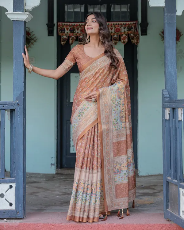 Burnt_Peach_Handloom_Cotton_Saree_with_Floral_Buta_Design_&_Village_Scene_Pallu