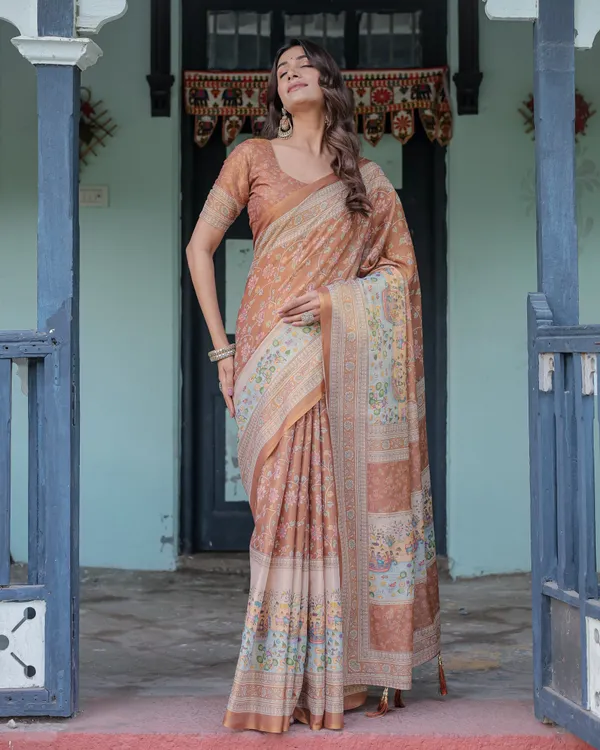 Burnt_Peach_Handloom_Cotton_Saree_with_Floral_Buta_Design_&_Village_Scene_Pallu