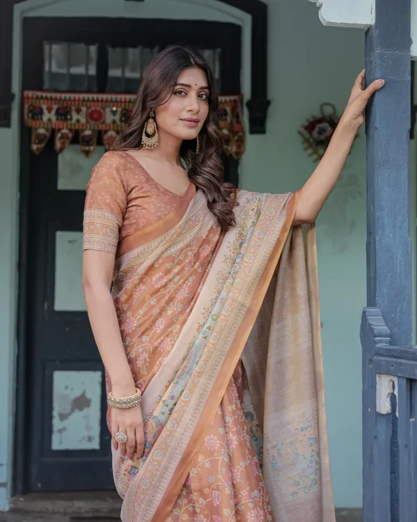 Burnt_Peach_Handloom_Cotton_Saree_with_Floral_Buta_Design_&_Village_Scene_Pallu