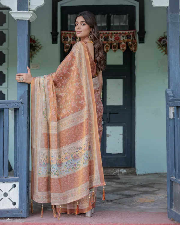 Burnt_Peach_Handloom_Cotton_Saree_with_Floral_Buta_Design_&_Village_Scene_Pallu