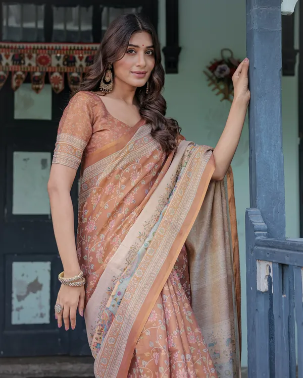 Burnt_Peach_Handloom_Cotton_Saree_with_Floral_Buta_Design_&_Village_Scene_Pallu