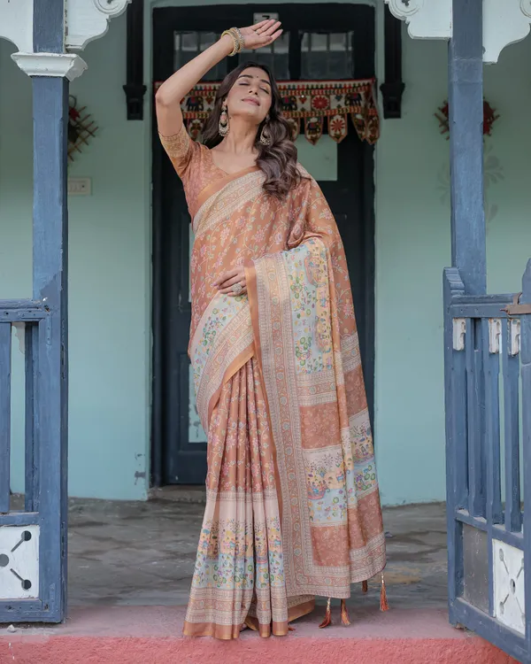 Burnt_Peach_Handloom_Cotton_Saree_with_Floral_Buta_Design_&_Village_Scene_Pallu