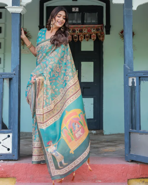 Teal_Green_Handloom_Cotton_Saree_with_Floral_Print_&_Royal_Bridal_Procession_Pallu