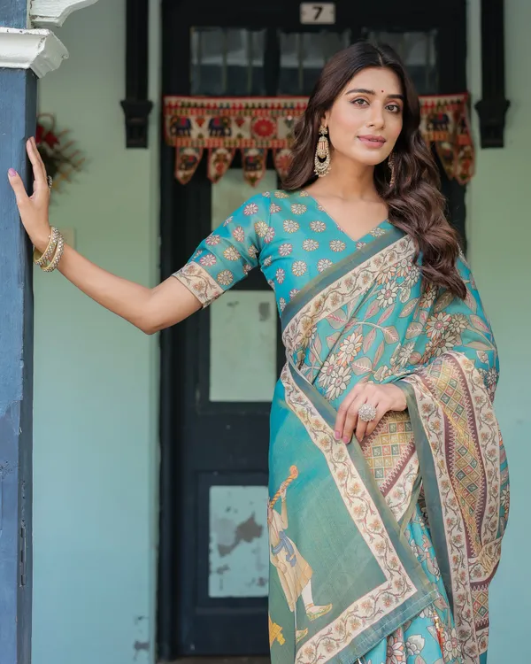 Teal_Green_Handloom_Cotton_Saree_with_Floral_Print_&_Royal_Bridal_Procession_Pallu