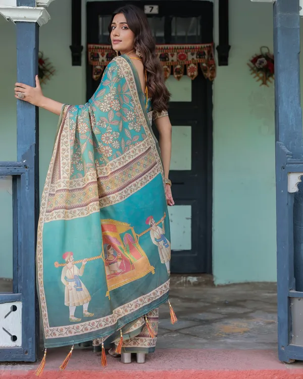 Teal_Green_Handloom_Cotton_Saree_with_Floral_Print_&_Royal_Bridal_Procession_Pallu