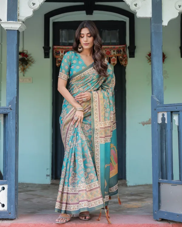 Teal_Green_Handloom_Cotton_Saree_with_Floral_Print_&_Royal_Bridal_Procession_Pallu