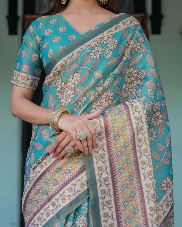 Teal_Green_Handloom_Cotton_Saree_with_Floral_Print_&_Royal_Bridal_Procession_Pallu