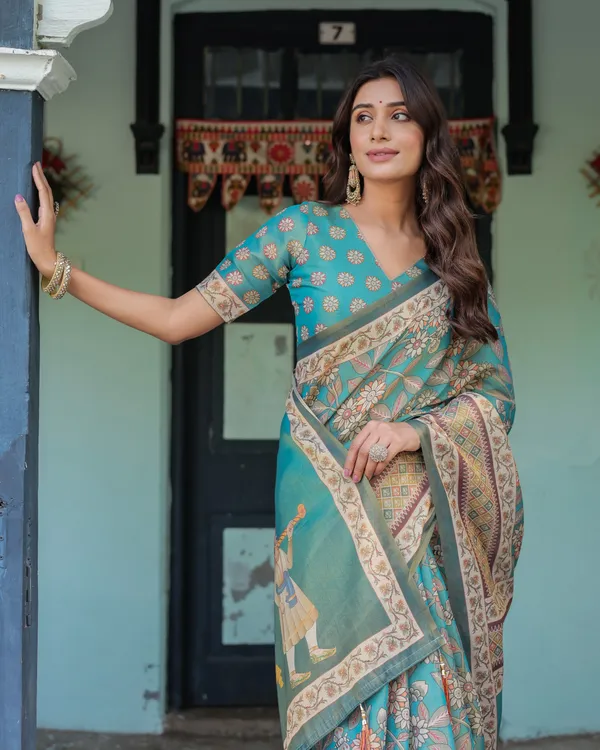 Teal_Green_Handloom_Cotton_Saree_with_Floral_Print_&_Royal_Bridal_Procession_Pallu